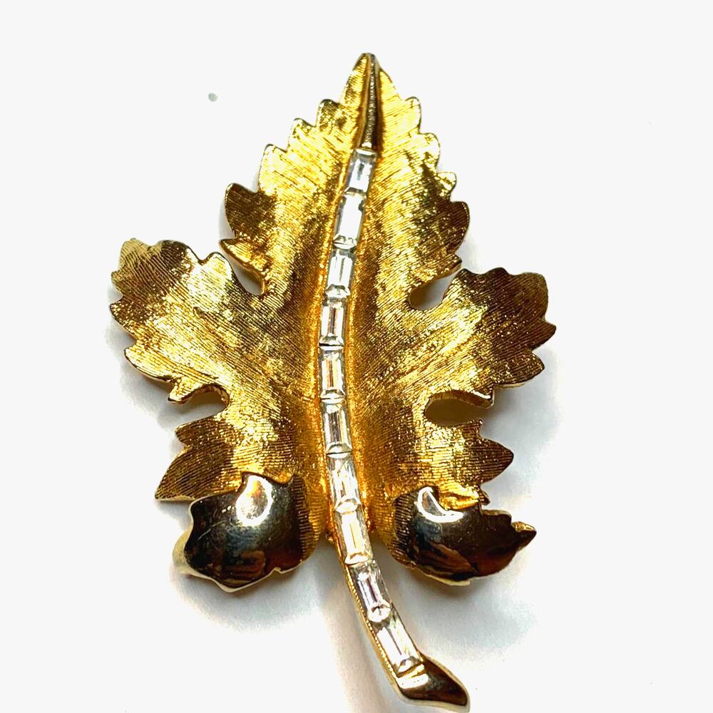 PAGO Vintage MCM 1960's Brushed Gold Tone Leaf Baguette Rhinestones Brooch/Pin